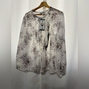 Nine West White and Brown Floral Blouse Plus Size XXL